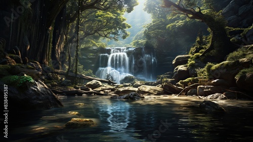 Waterfall cascading into a tranquil river pool - 