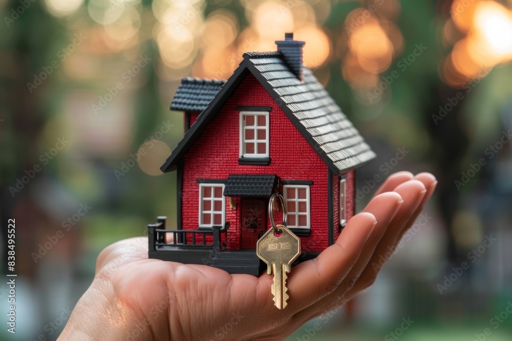 Person holding small red house with key Person holding small red house with key