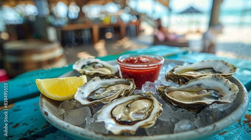 Experience seaside charm at a beachside seafood shack with a platter of freshly shucked oysters on ice, lemon wedges, and hot sauce. Enjoy the relaxed coastal ambiance.