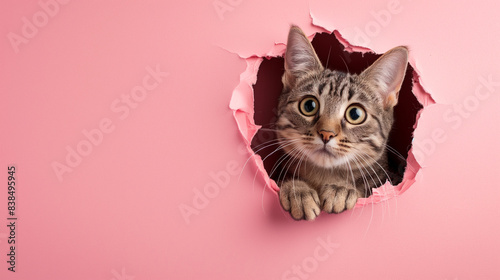 cute cat peeking through a hole in a sunny pink paper wall, providing space for custom banner