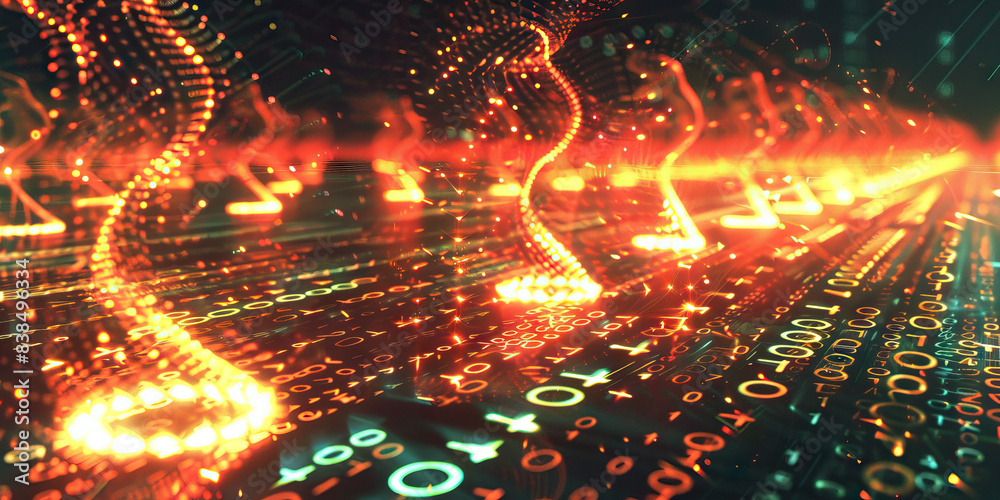 The Binary Ballet: Dancers twirling through the air, leaving behind trails of 0s and 1s on a glowing digital floor. The Binary Ballet: Dancers twirling through the air, leaving behind trails of 0s and 1s on a glowing digital floor.