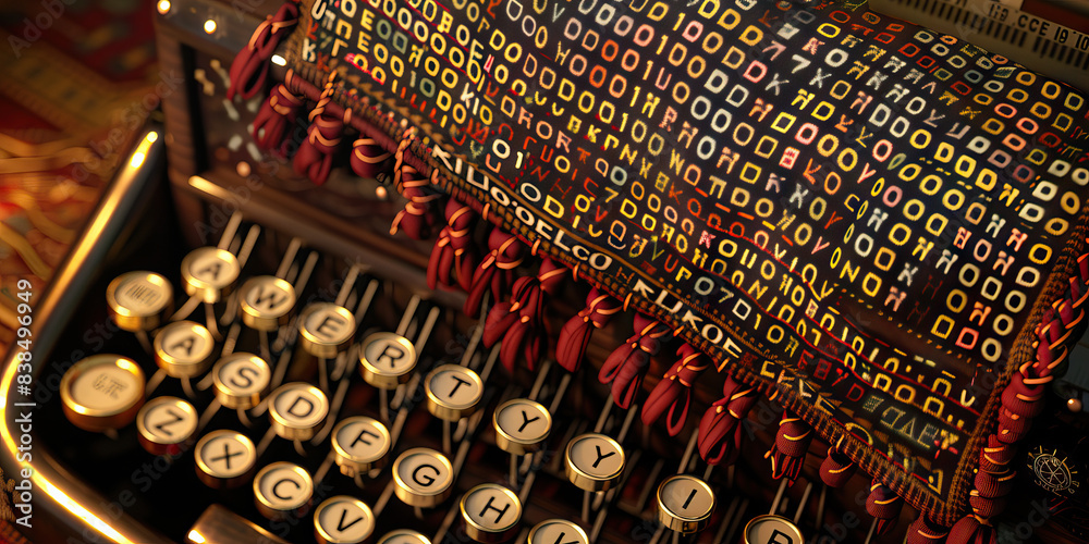 The Turing Tapestry: An intricate tapestry, woven with codes and mathematical symbols, hanging over an antique typewriter. The Turing Tapestry: An intricate tapestry, woven with codes and mathematical symbols, hanging over an antique typewriter.