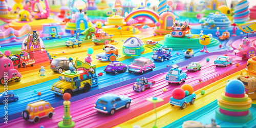 The Pixel Palace: A whimsical collection of toys, gadgets, and technological oddities, scattered across a rainbow-colored landscape.
