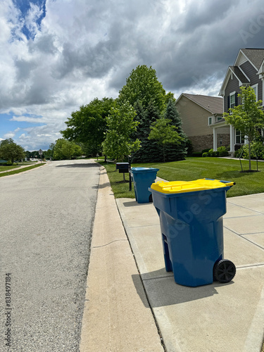 Blue trash cans, including a yellow recycle bin, beside the street on trash day in an Indiana Neighborhood with copy space.