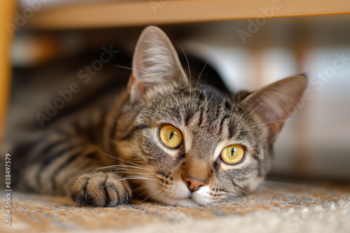 Photo of a tabby cat sitting on the floor in front of a sofa, with natural light streaming in through a window. The warm-toned interior design of a modern living room is in the background.