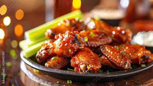 Savor spicy Buffalo wings with celery and blue cheese dip at a lively sports bar. Enjoy the vibrant plate in a vibrant atmosphere.
