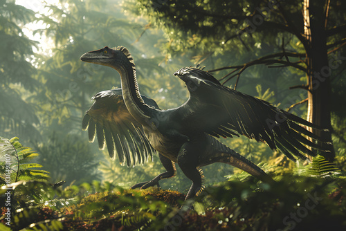  Jurassic Ambiance  3D Render of a Dinosaur in the Forest  With Nature Background. A Bird-like Creature Evoking the Late Jurassic Period 
