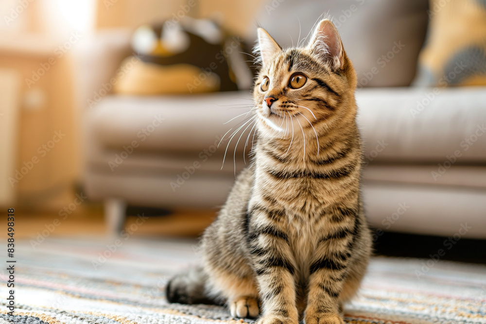 Photo of a tabby cat sitting on the floor in front of a sofa, with natural light streaming in through a window. The warm-toned interior design of a modern living room is in the background. Photo of a tabby cat sitting on the floor in front of a sofa, with natural light streaming in through a window. The warm-toned interior design of a modern living room is in the background.