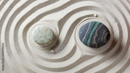 A top view of two different round stones placed on sand in the centre, creating yin-yang patterns with ripples and swirls around them. 