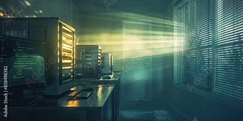 The Aura of the Algorithm: A soft glow emanating from a row of computers, casting mysterious shadows on the walls. photo