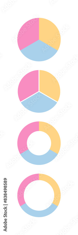 Circle and ring graph with tree segments. Piechart section template. Circular structure chart divided into multicolor segments. Pie diagram. Set schemes with sectors. Vector illustration Circle and ring graph with tree segments. Piechart section template. Circular structure chart divided into multicolor segments. Pie diagram. Set schemes with sectors. Vector illustration