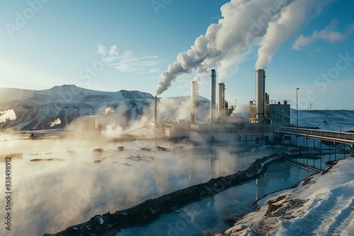 Industrial power plant emitting smoke during winter in a mountainous region, showing environmental impact and cold weather conditions.