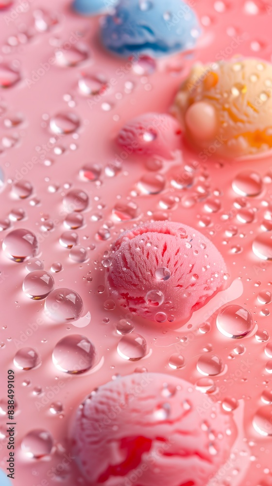 Pink Ice Cream Scoops Covered in Water Droplets. Generative AI Pink Ice Cream Scoops Covered in Water Droplets. Generative AI
