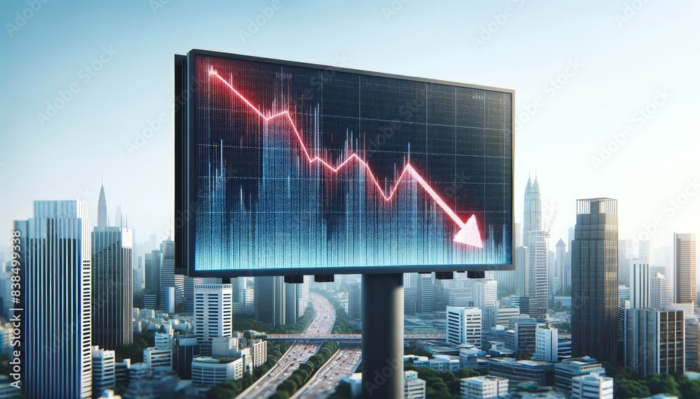 Billboard in city shows falling stocks with red arrow. Stock graph on city billboard, blurred background. Billboard in city shows falling stocks with red arrow. Stock graph on city billboard, blurred background.
