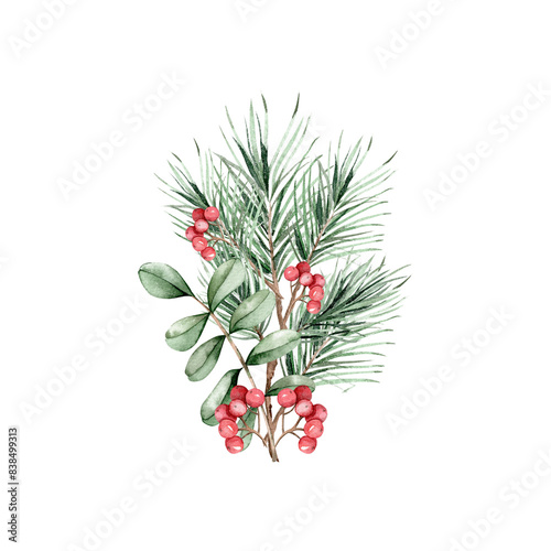 Watercolor Christmas illustration with fir branch  leaves and berries