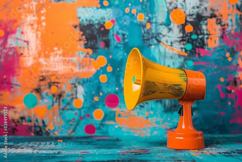 Colorful image of an orange megaphone against a vibrant graffiti wall background, perfect for themes of communication and urban art. © Shining Pro