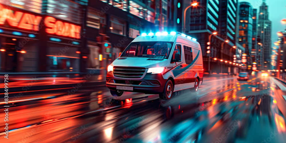 red and white ambulance car driving on the street with copy space red and white ambulance car driving on the street with copy space