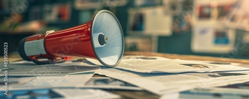 Red megaphone on scattered newspapers.