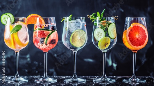 A colorful selection of gin and tonic  Fresh Twist on a dark fuzzy background