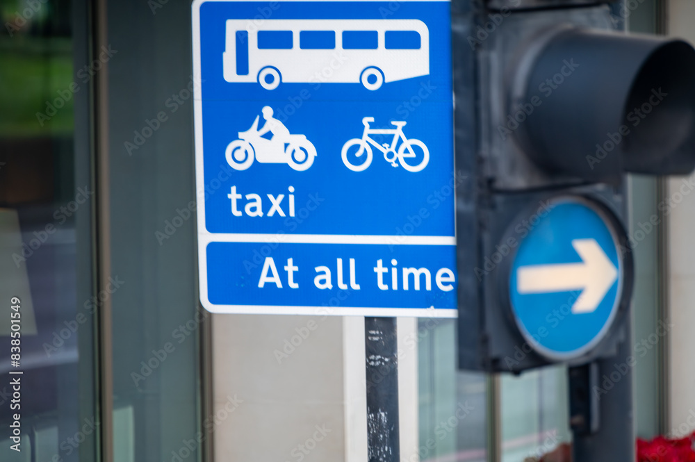 Fototapeta premium Transportation in London city, roads, road signes, street signes, warnings, indicating of directions in Great Britain, city life in England