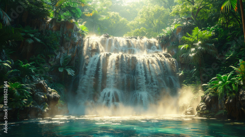 Natural landscape. Beautiful waterfall in the exotic jungle. Lots of greenery around the waterfall. Water concept  natural phenomena.