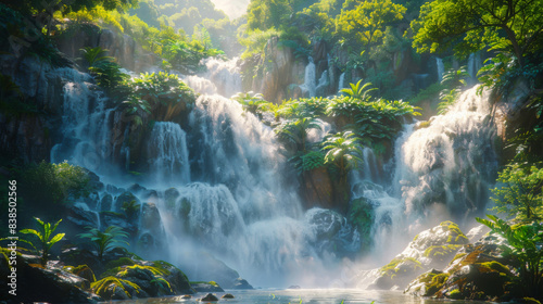 Natural landscape. Beautiful waterfall in the exotic jungle. Lots of greenery around the waterfall. Water concept  natural phenomena.