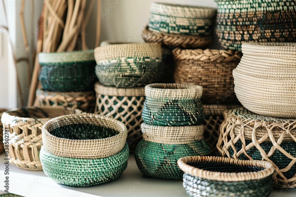 handmade storage baskets in various sizes and shapes, neatly stacked on a light-colored surface. The baskets are woven from natural materials with green and brown tones handmade storage baskets in various sizes and shapes, neatly stacked on a light-colored surface. The baskets are woven from natural materials with green and brown tones