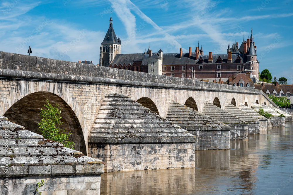 Obraz premium View.on old part of town of Gien on the Loire river, in Loiret department, France, houses with tiled roofs and chimneys, castle and bridge
