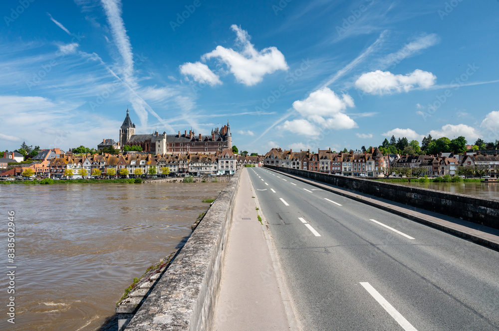 Fototapeta premium View.on old part of town of Gien on the Loire river, in Loiret department, France, houses with tiled roofs and chimneys, castle and bridge