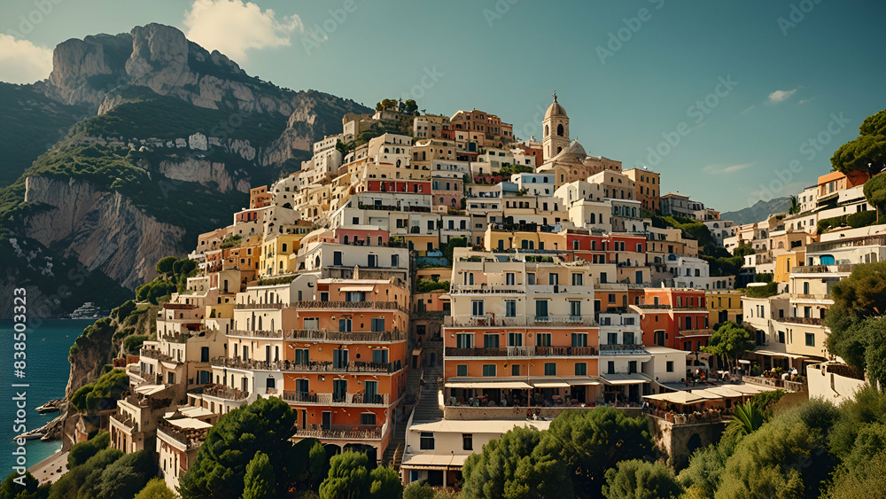 Naklejka premium Positano, an iconic Italian resort, shines in the summer sun with its vintage charm and stunning coastal views.