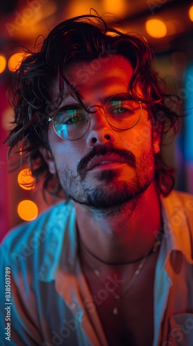 Man With Wavy Hair and Glasses Under Neon Lights. Generative AI