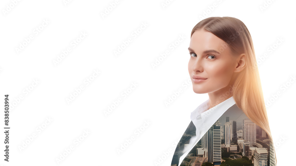 A businesswoman standing with double exposure City. A businesswoman standing with double exposure City.