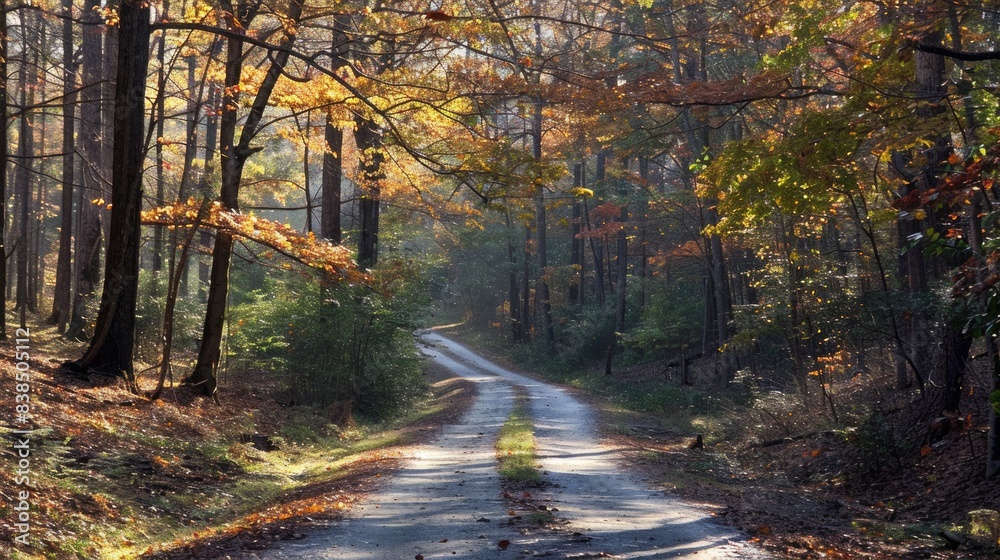 Fototapeta premium Back Road in Autumnn North Carolina: Rural Country Scene with Streaming Sunlight