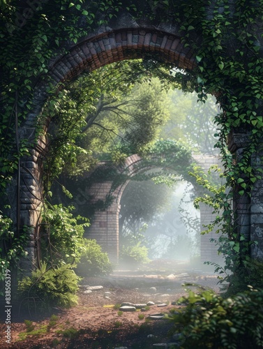 Spectacular archway covered with vine in the middle of fantasy fairy tale forest landscape, misty on spring time. Digital art 3D illustration. hyper realistic  photo