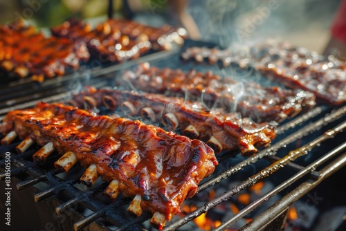 Barbecue Ribs Grill. Spare Ribs Cooking on Charcoal Grill for Summer Picnic