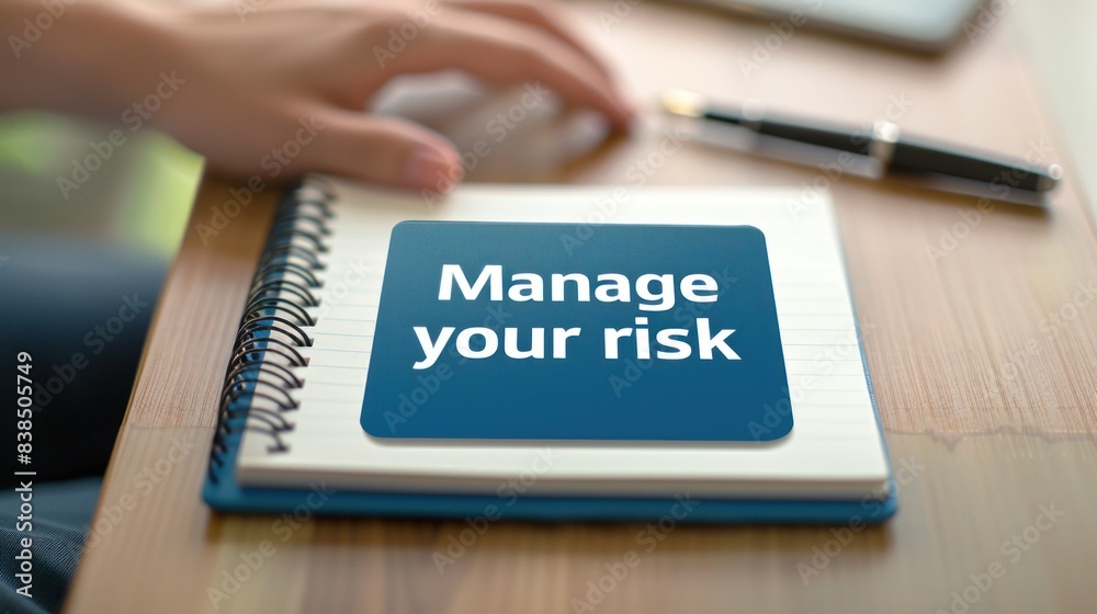 Manage Your Risk. Risk Management. A notebook with a blue notecard that says Manage your risk Manage Your Risk. Risk Management. A notebook with a blue notecard that says Manage your risk