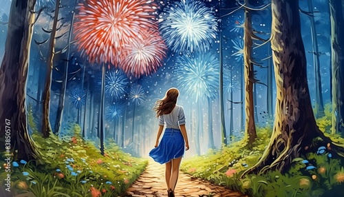 In the forest the night sky fireworks are bursting for the july 4th celebrations.