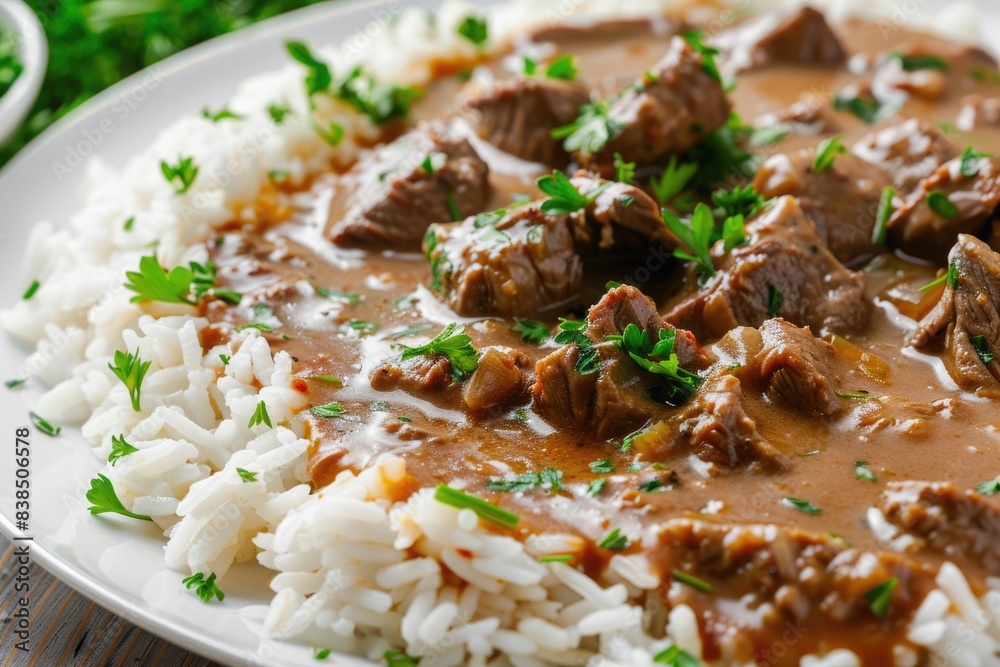 Beef And Rice. Authentic Czech Beef Stroganoff with Gravy and Rice on Table Beef And Rice. Authentic Czech Beef Stroganoff with Gravy and Rice on Table