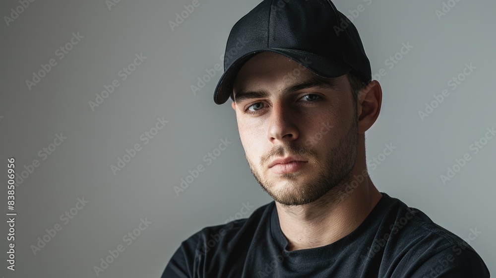 Black Hat Lifestyle. Hipster Man Portrait in Black T-Shirt and Baseball Cap Black Hat Lifestyle. Hipster Man Portrait in Black T-Shirt and Baseball Cap