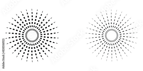 Dot radial circle lines. Sun star rays symbol. Abstract halftone striped design element. Motion lines. Vector illustration. Eps file 183.