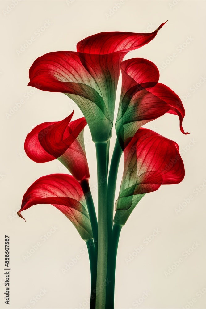 Elegant Red Calla Lilies with Green Stems on Light Background. Elegant Red Calla Lilies with Green Stems on Light Background.