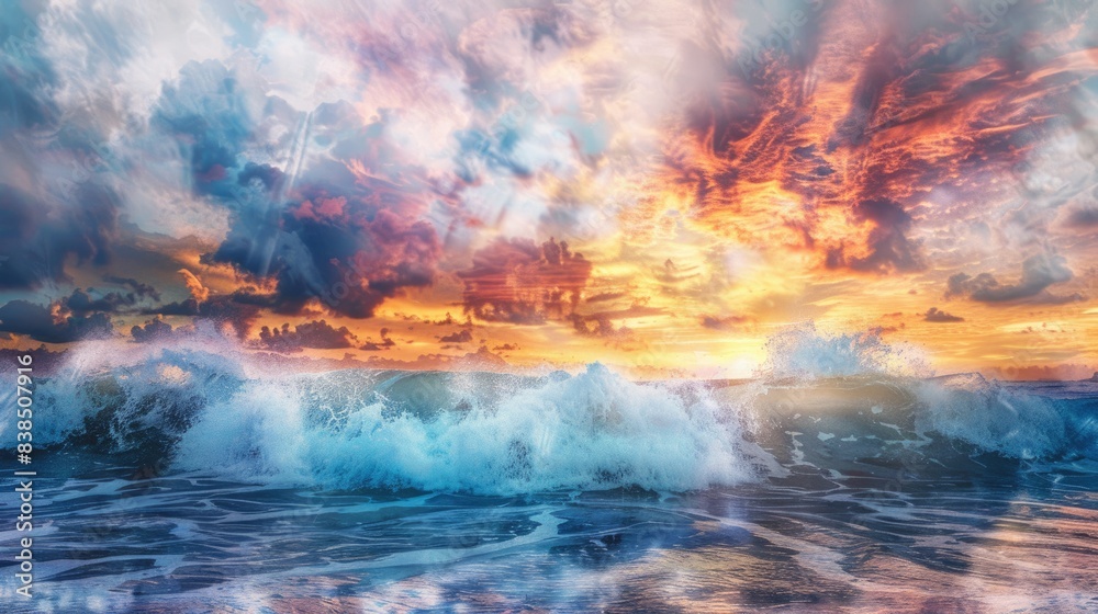 Fototapeta premium California Waves - Dramatic Sunset Sky and Colorful Pacific Ocean Waves