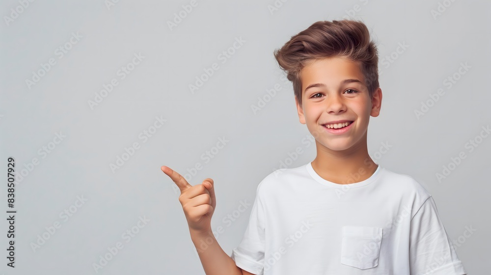 Smiling Boy Pointing Right While Wearing White T-Shirt Against Grey Background. Generative AI Smiling Boy Pointing Right While Wearing White T-Shirt Against Grey Background. Generative AI