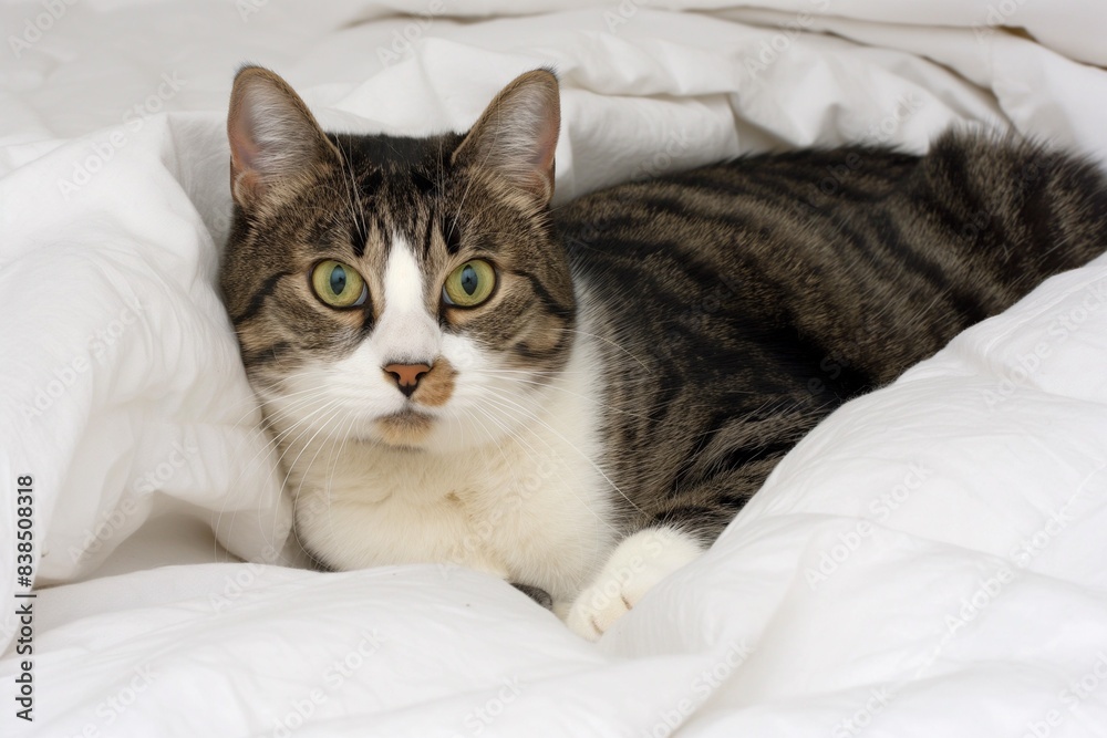 Photo of a cute cat hiding under a blanket, looking at camera. The photo is against a background showing a comfortable home. Space for copy. Photo of a cute cat hiding under a blanket, looking at camera. The photo is against a background showing a comfortable home. Space for copy.