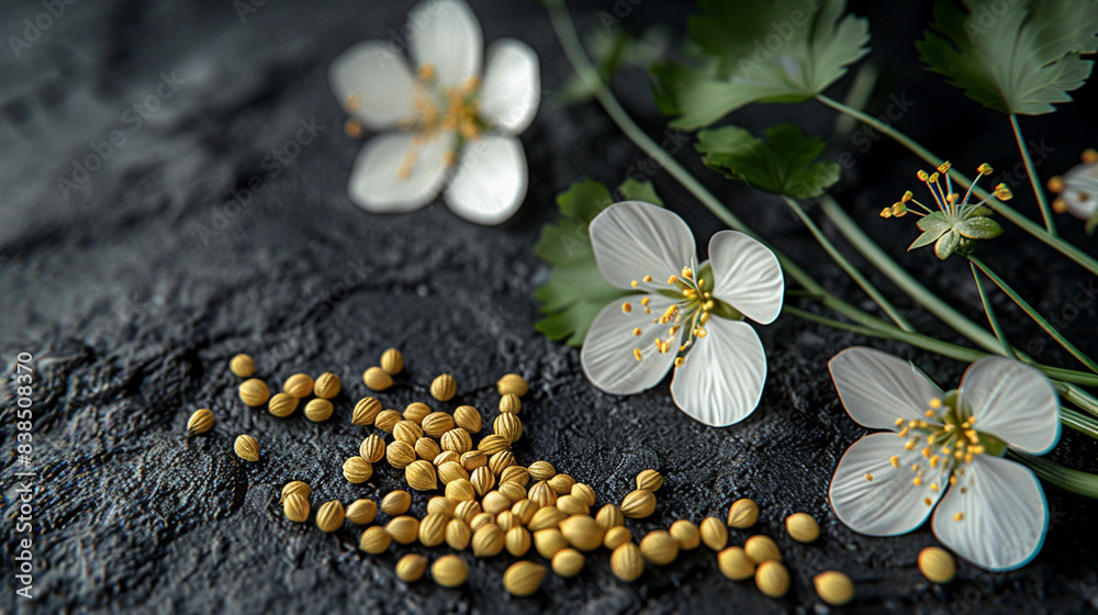 Obraz premium Coriander seeds. with coriander flowers. photography. Stock image, HD quality 