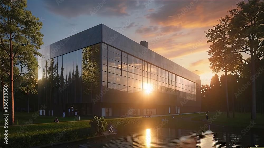 Obraz premium modern corporate building or public building with a swimming pool and fountain, design of a large public building, 