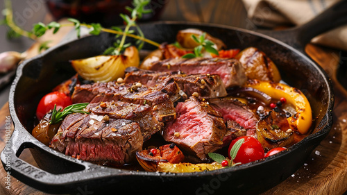 Steak with vegetables in a cast iron pan
