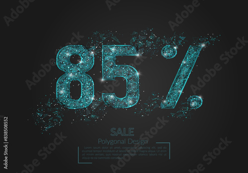 Abstract isolated blue 85 percent sale concept. Polygonal illustration looks like stars in the black night sky in space or flying glass shards. Digital design for website, web, internet.