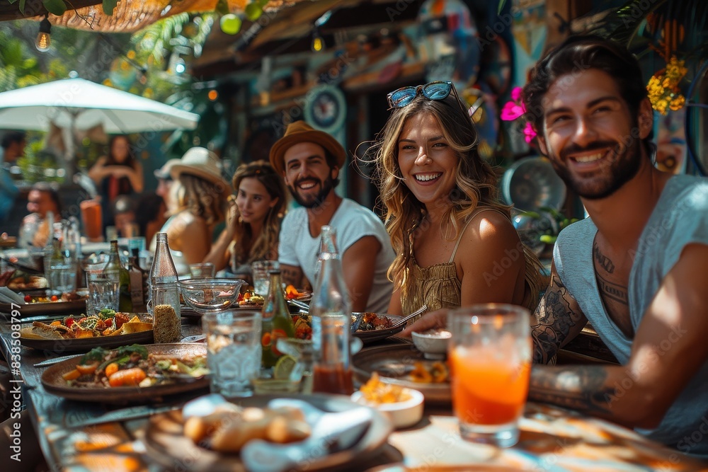 A cheerful group of friends sitting and enjoying a meal at a colorful outdoor restaurant