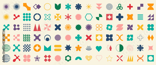 Big set of geometric elements for design. Trendy abstract minimalist figures, stars, flowers, circles. Vector illustration